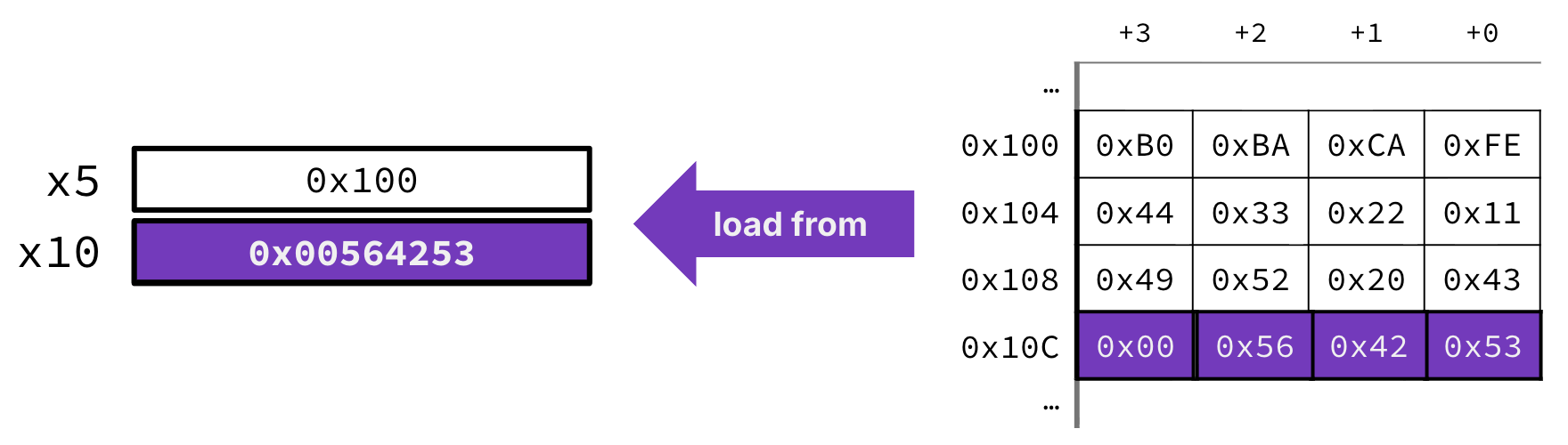 "Load-word example: x5 holds base 0x100; the assembled little-endian word at 0x10C in memory is highlighted and loaded into register x10 as 0x00564253, with a purple load-from arrow from memory to x10."